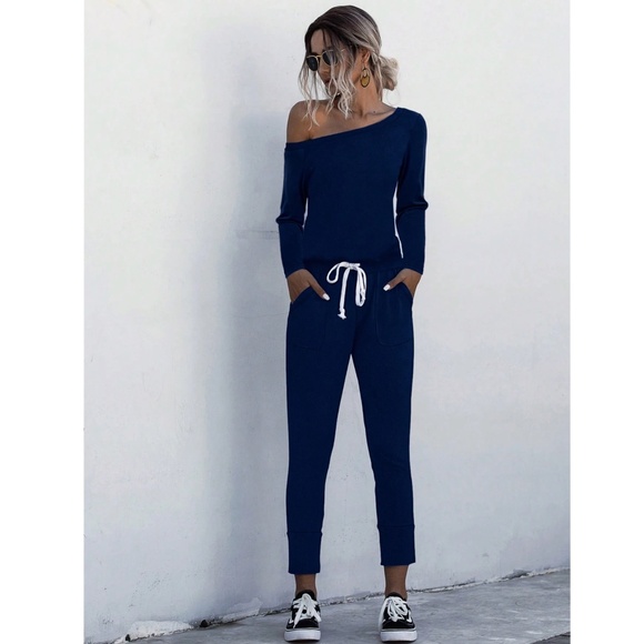 Navy Blue Off Shoulder Contrast Drawstring Jumpsuit